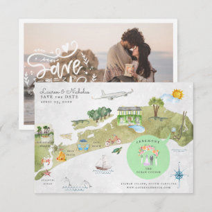 Convite Mapa do Itinerário de Casamento da Ilha Kiawah