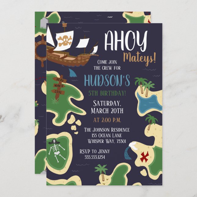 Convite Mapa do tesouro de aniversário pirata (Frente/Verso)