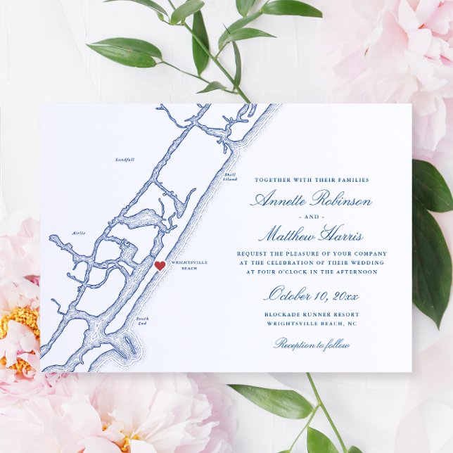 Convite Mapa Elegante Wrightsville Beach NC Casamento (Elegant Wrightsville Beach NC Wedding Invitation with navy blue Map from Coastal Map Designs)