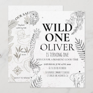 Convite Mapa Minimal Safari Wild One de 1º Aniversário
