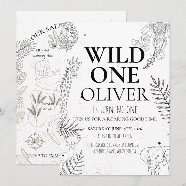Convite Mapa Minimal Safari Wild One de 1º Aniversário (Frente/Verso)