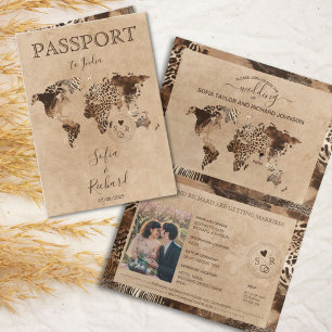 Convite Mapa Mundi de Casamento Boho Safari Leopardo Passa