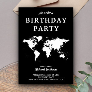 Convite Mapa Mundi Preto e Branco Festa de Aniversário
