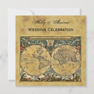 Convite Mapa Mundial Antiquado, Casamento com o BG SQ em D