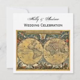 Convite Mapa Mundial Antiquado, Casamento SQ Branco BG