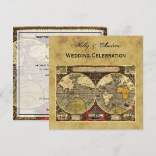 Convite Mapa Mundial Antiquado nº 2, Casamento SQ em BG em