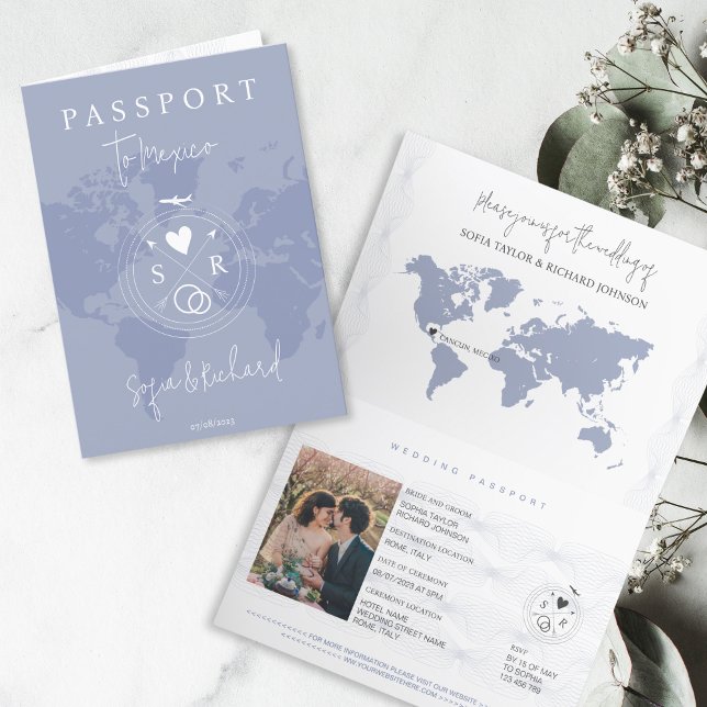 Convite Mapa Mundial Azul Dusty do Passaporte de Destino d (modern passport wedding invtation with dusty blue background and world map)