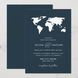 Convite Mapa Mundial Azul Escuro | Viagem Elegante Casamen