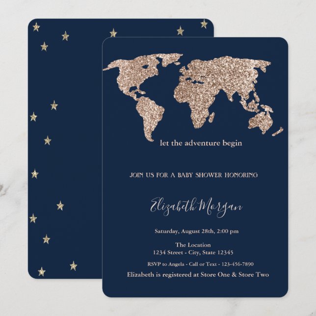 Convite Mapa Mundial Brilhante Estrelas Chá de Bebê (Frente/Verso)