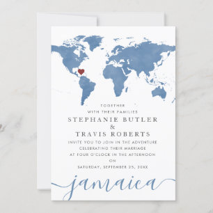 Convite Mapa Mundial de Aquarela Azul Casamento de Destino