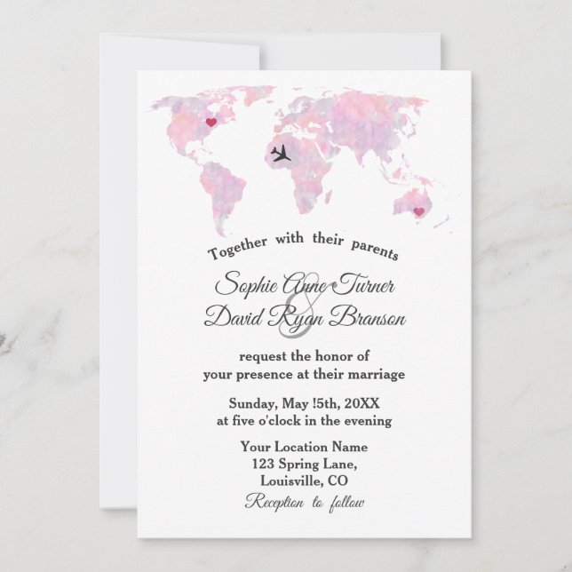 Convite Mapa Mundial de Aquarela de Destino Personalizado (Frente)