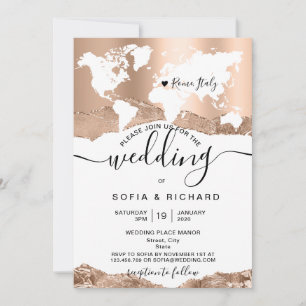 Convite Mapa Mundial de Casamento de Destino Rose Gold