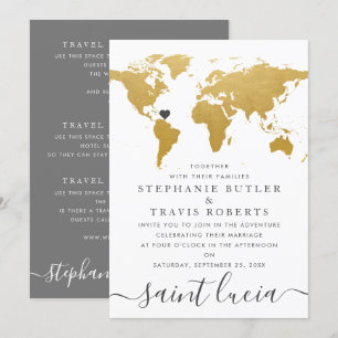 Convite Mapa Mundial de Casamento no Exterior Dourado Chic