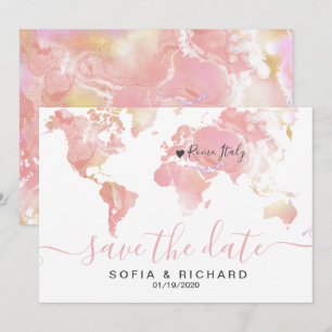 Convite Mapa Mundial de Destino de Casamento Coração Rosa 