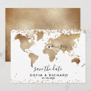 Convite Mapa Mundial de Destino de Casamento Dourado com C