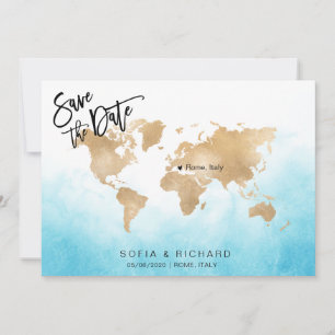 Convite Mapa Mundial de Destino de Casamento Dourado Coraç