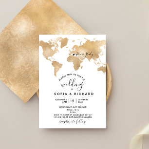 Convite Mapa Mundial de Destino de Casamento Dourado Coraç