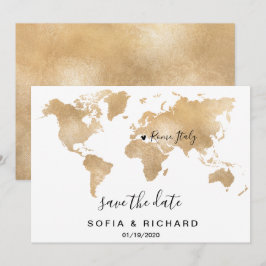 Convite Mapa Mundial de Destino de Casamento em Ouro com C