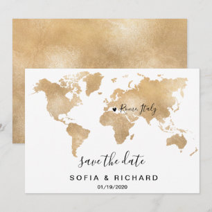 Convite Mapa Mundial de Destino de Casamento em Ouro com C
