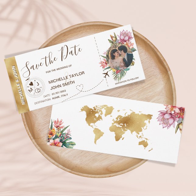 Convite Mapa Mundial de Passagem de Cartazes Florais Tropi (Tropical Floral Save The Date boarding pass ticket invitation with a circle photo)
