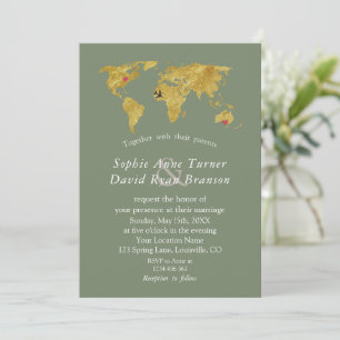 Convite Mapa Mundial Destino Casamento Sage Verde Dourado