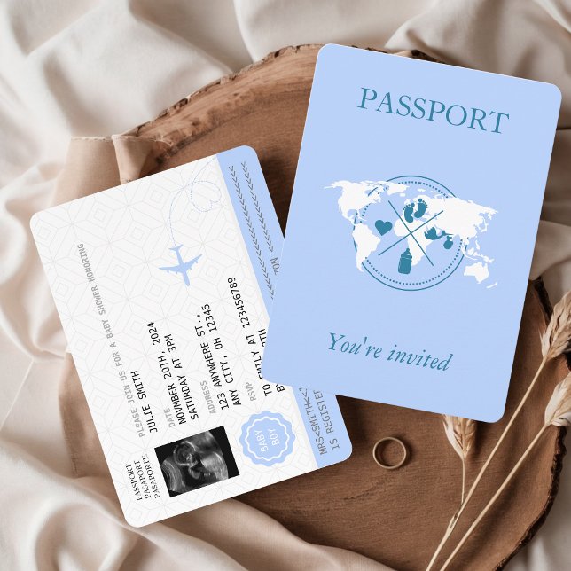 Convite Mapa Mundial do Chá de Bebê de Menino com Passport (Passport Baby Shower Invitation Baby Boy Blue Ultrasound Photo Aesthetic Travel Adventure Beigins)