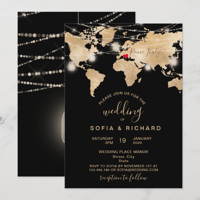 Convite Mapa Mundial do Destino de Casamento Jarro de Luz  (Frente/Verso)