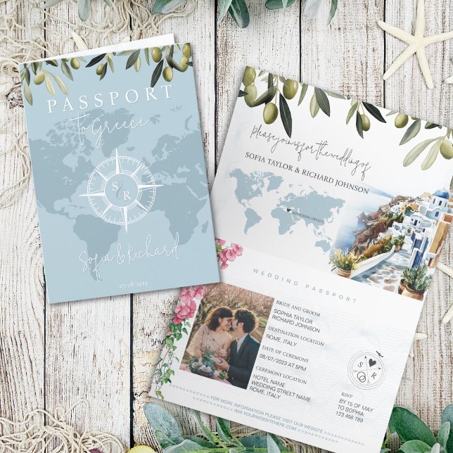 Convite Mapa Mundial do Passaporte de Casamento da Grécia  (greece passport wedding invitation with olive branches, bougenvilia and watercolor santorini illustr)