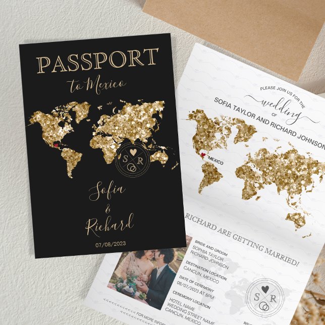 Convite Mapa Mundial do Passaporte de Destino de Casamento (gold glitter and black passport wedding invitation)