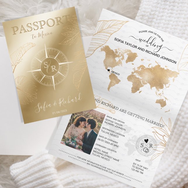 Convite Mapa Mundial do Passaporte de Destino do México (gold compass passport wedding invitation)