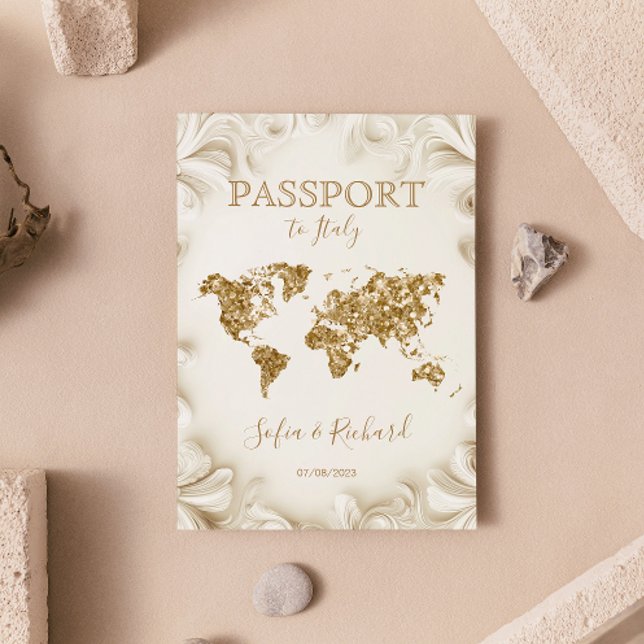 Convite Mapa Mundial Dourado do Passaporte de Destino de C (beige and gold glitter passport wedding invitation)