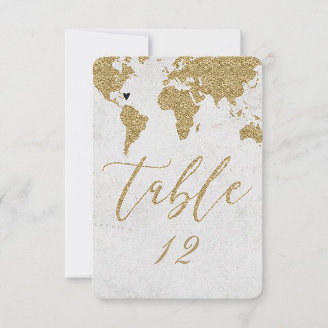 Convite Mapa Mundial Dourado Número de Mesa Casamento no D (Frente)