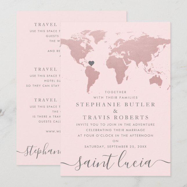 Convite Mapa Mundial Tema Casamento Viagem Tom Rosa Blush (Frente/Verso)