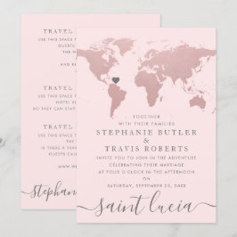 Convite Mapa Mundial Tema Casamento Viagem Tom Rosa Blush