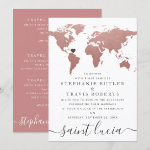 Convite Mapa Mundial Tema de Viagem Casamento Rose Gold