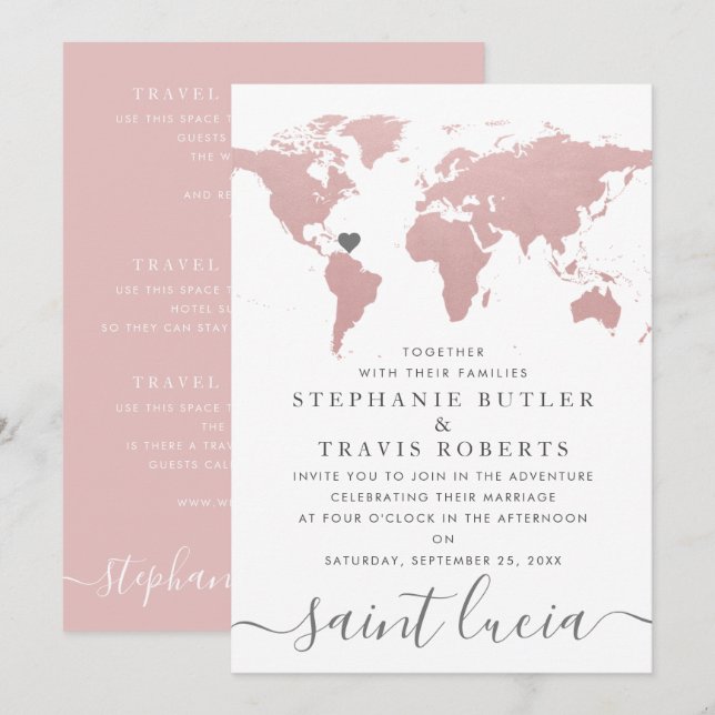 Convite Mapa Mundial Tema Viagem Casamento Rosa Rubor (Frente/Verso)