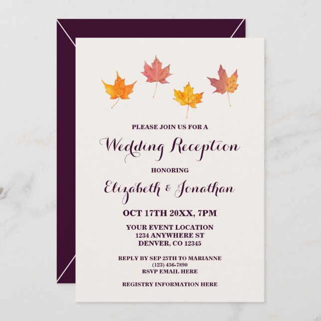 Convite Maple Deixa a recepção do Casamento outono (Frente/Verso)