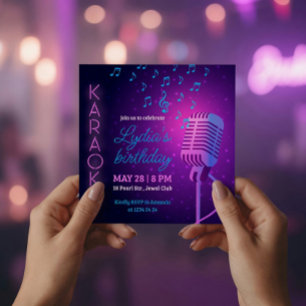 Convite Máquina de Karaokê de Aniversário Neon Microfone Q