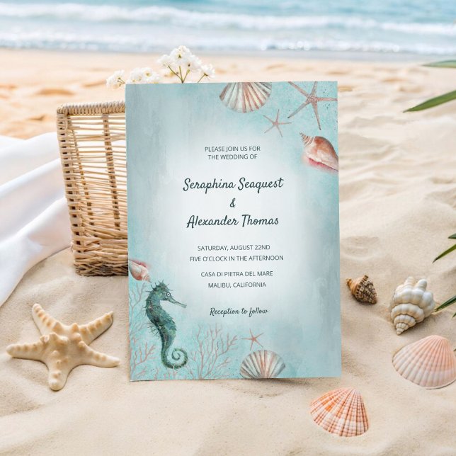 Convite Mar | Beach Blue Watercolor Seashells Casamento (Criador carregado)