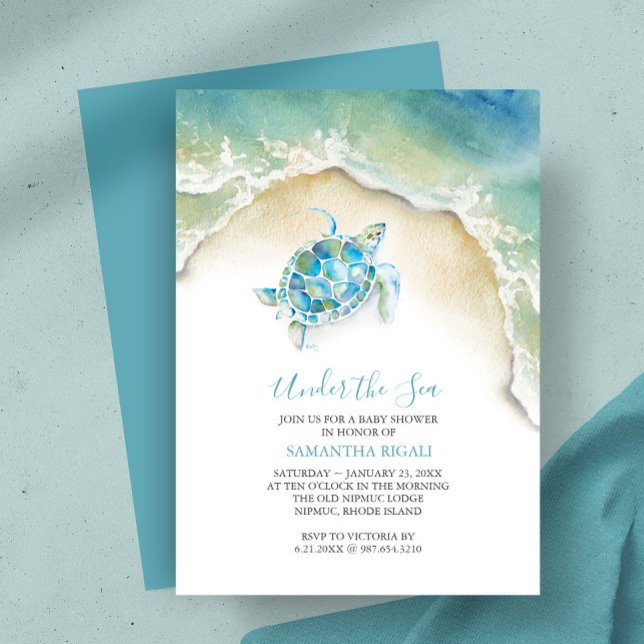 Convite Mar CosteiroTurtle Blue Chá de fraldas Aquarela (baby shower invitations for a boy watercolor sea turtle and ocean art by Victoria Grigaliunas)