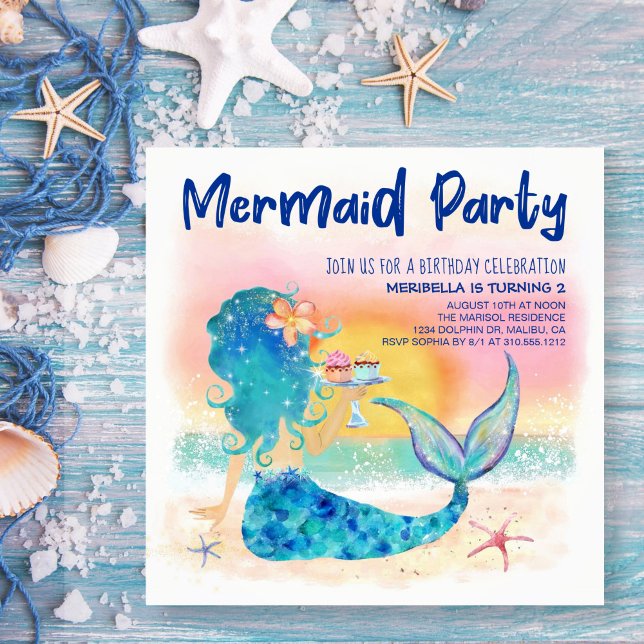 Convite Mar de Mermaid | Cupcakes de praia e Starfish Aniv (Criador carregado)