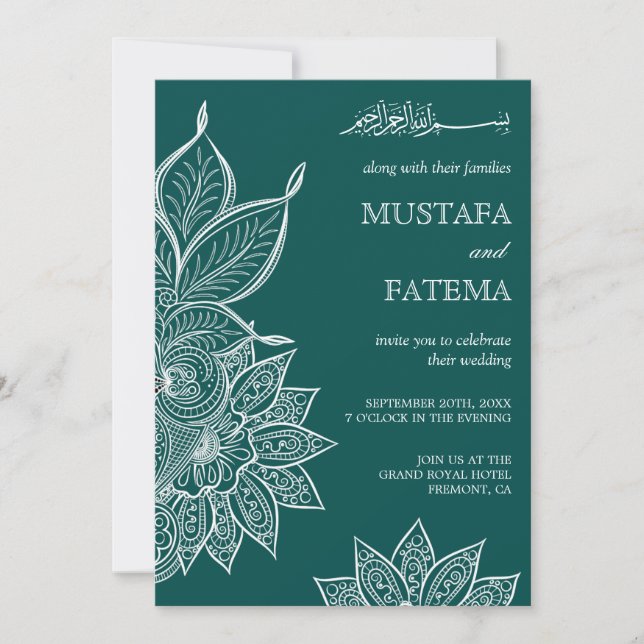 Convite Mar Verde Mehendi Henna Casamento Islâmico (Frente)