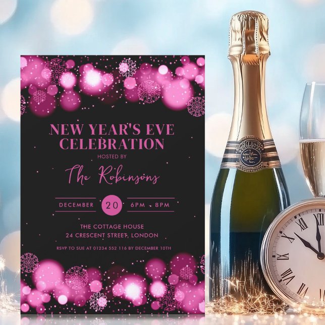 Convite Maravilha de inverno preto rosa-quente da véspera  (New Years Eve Party Hot Pink Black Winter Wonder Invitation)