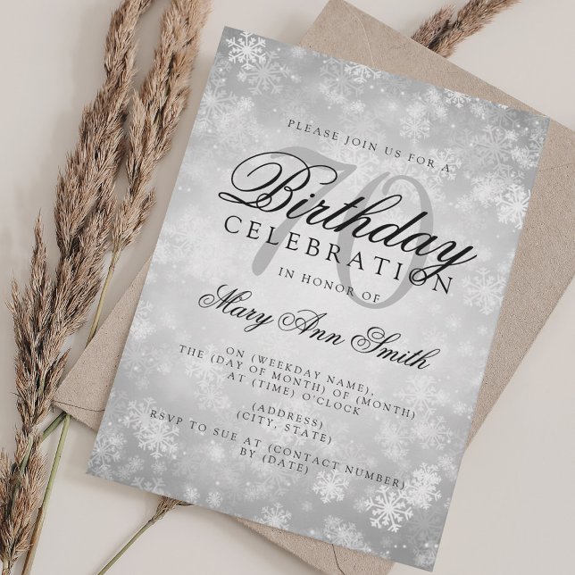 Convite Maravilha Elegante 70 Birthday Silver Winter (Elegant 70th Birthday Silver Winter Wonderland Invitation)