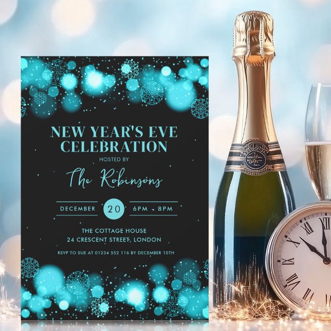 Convite Maravilha Negra véspera de ano novo Turquesa (New Years Eve Party Turquoise Black Winter Wonder Invitation)