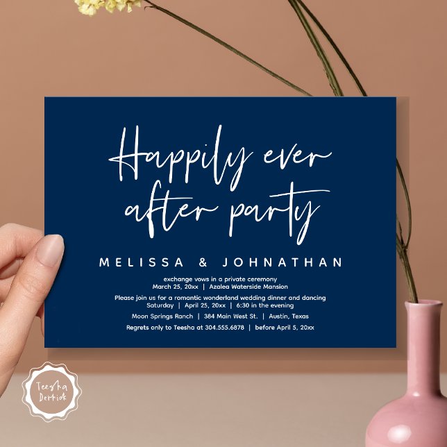Convite Maravilha Romântica Feliz Para Sempre Depois da Fe (Romantic Wonderland Happily Ever After Party Invitation Card, PDF, Modern Minimalist, Navy Blue)