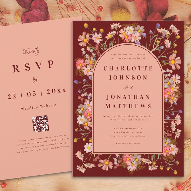 Convite Maravilha Terracotta Casamento outono de laranja q (Wildflower boho arch terracotta burnt orange fall wedding invitation with website qr code)
