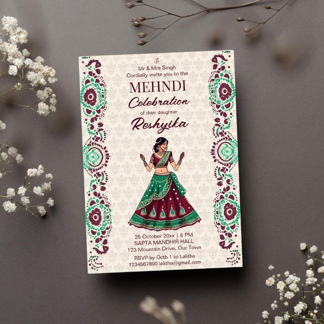 Convite Maravilha verde-burgundy do casamento indiano (Mehndi Indian wedding template invitation instant download cute Indian bride henna party maroon)