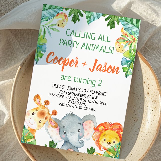 Convite Maravilhas Verdes Laranja Animais do Partido Safar (Twin Boys Safari Birthday Invitation, Jungle Animals Birthday Invite For Twin Boys Joint Birthday )