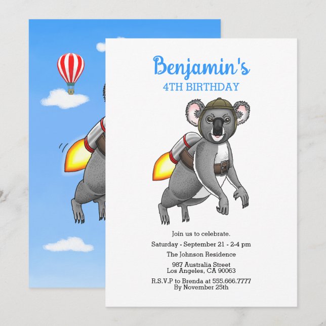 Convite Maravilhoso Urso Koala Foguete (Frente/Verso)